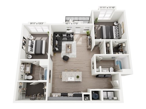 Veranda 2-bedroom, 2-bathroom apartment at Nook Nine in Indianapolis, IN, offering an elegant open layout, a designer kitchen with quartz countertops, private balcony, large walk-in closets, and luxury dual ensuite bathrooms, set in a vibrant community near Keystone at the Crossing.